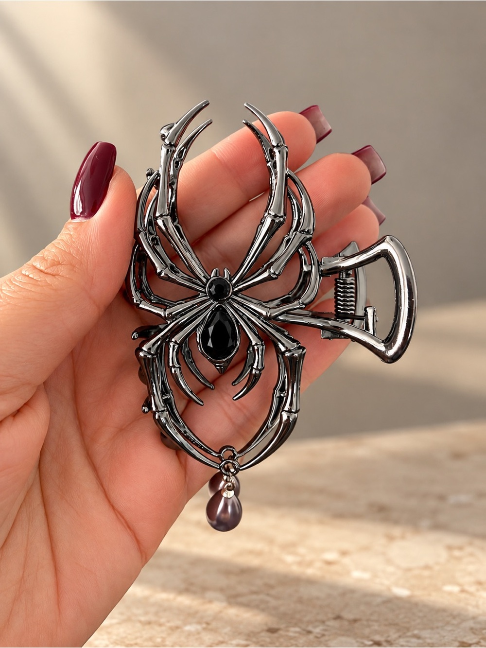 Dark Gunmetal Spider Hair Clip with Pearl Drop